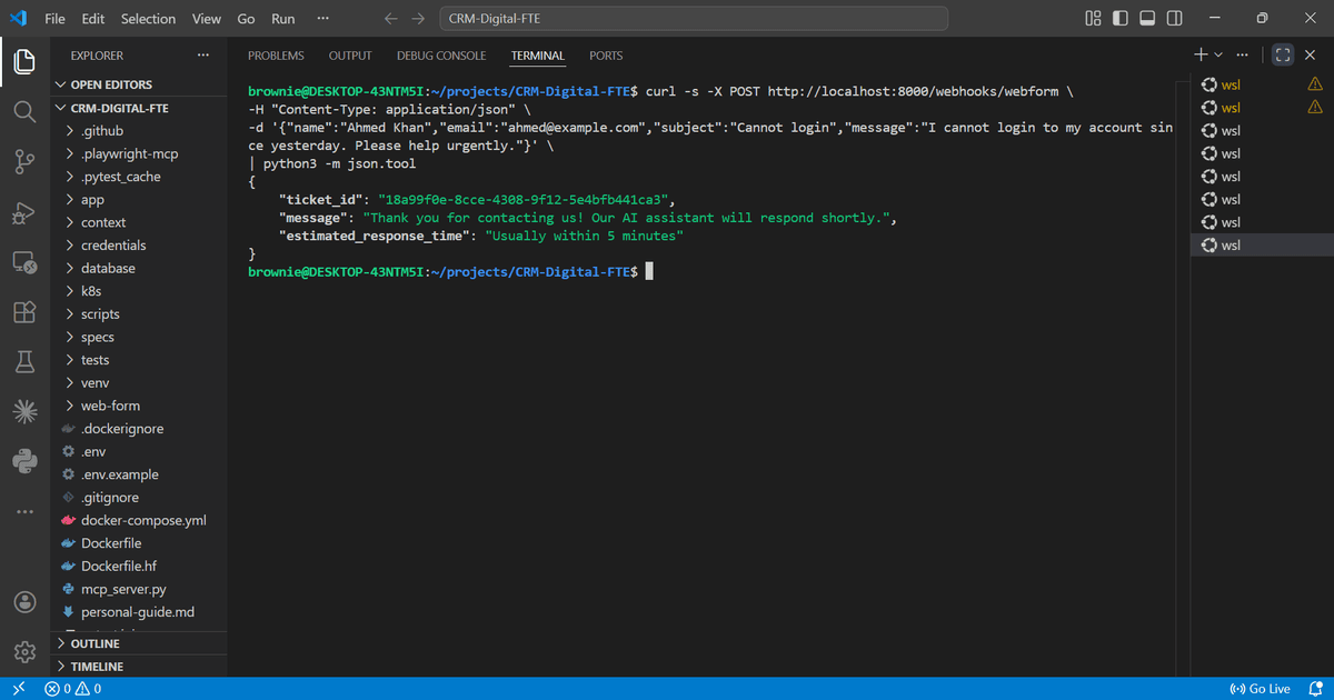 Web Form webhook live — ticket_id created, AI response queued, estimated_response_time returned