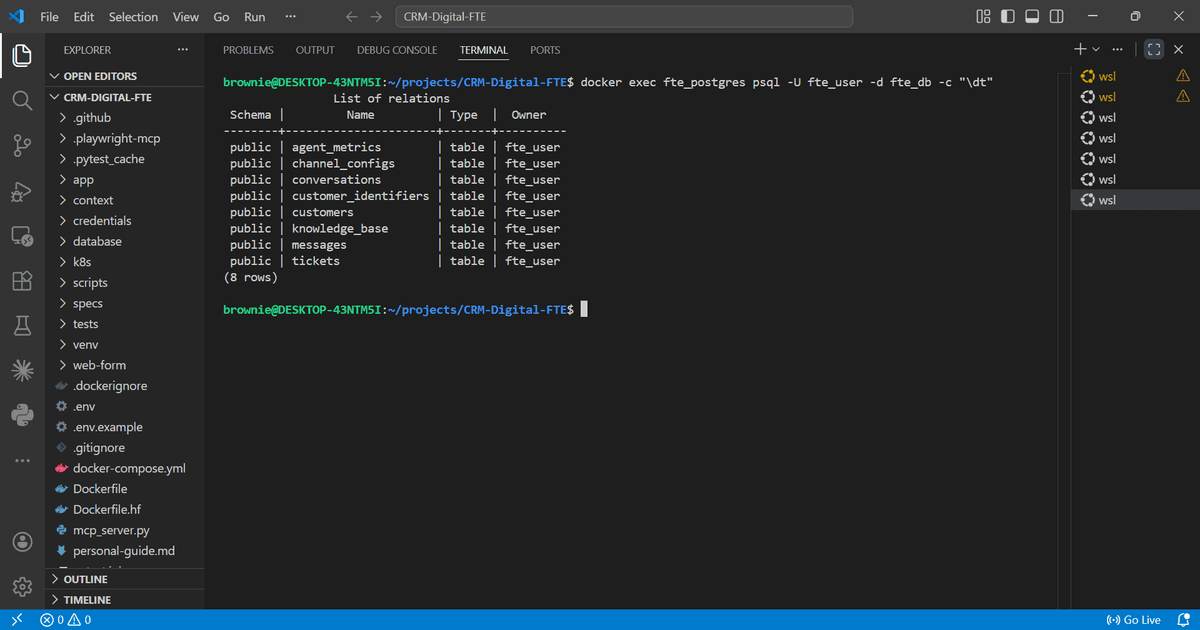 Live PostgreSQL schema — all 8 tables: customers, conversations, messages, tickets, knowledge_base, and more