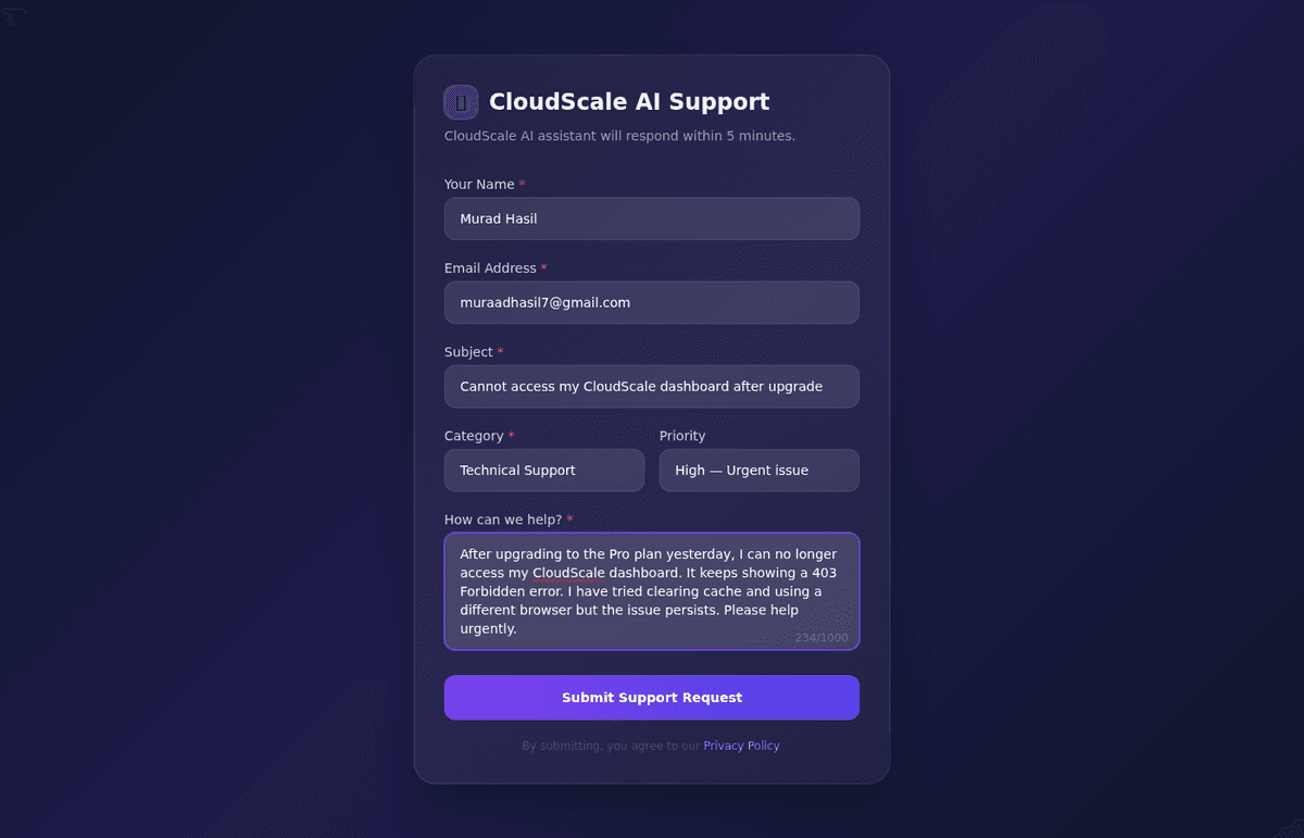 Customer submits a High-Urgent technical support ticket — AI agent picks it up within seconds