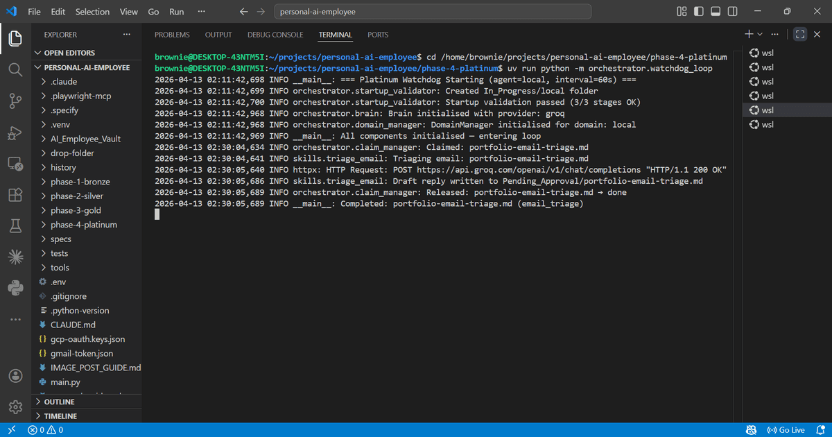 Live E2E log — agent startup → task claimed → Groq API triage → Pending_Approval in under 2 seconds