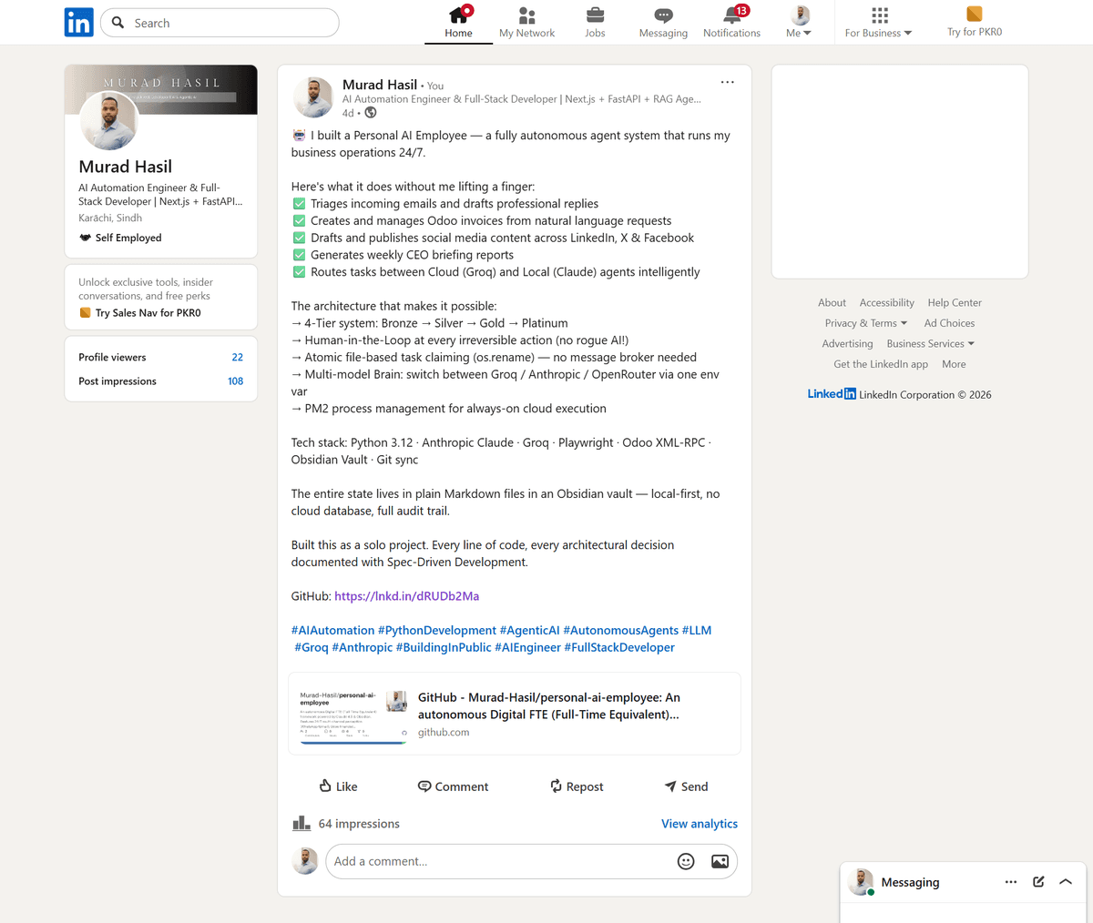Published on LinkedIn — real-world post showcasing the system with 64 impressions and community engagement