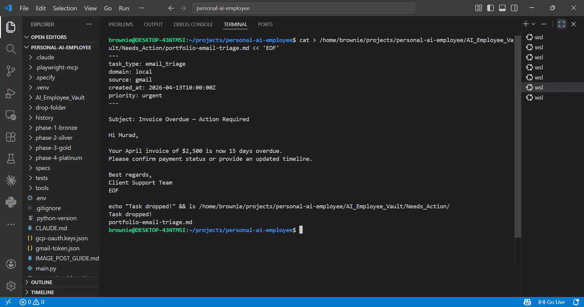 Email task dropped into vault — YAML front-matter with task_type, domain, and priority parsed instantly