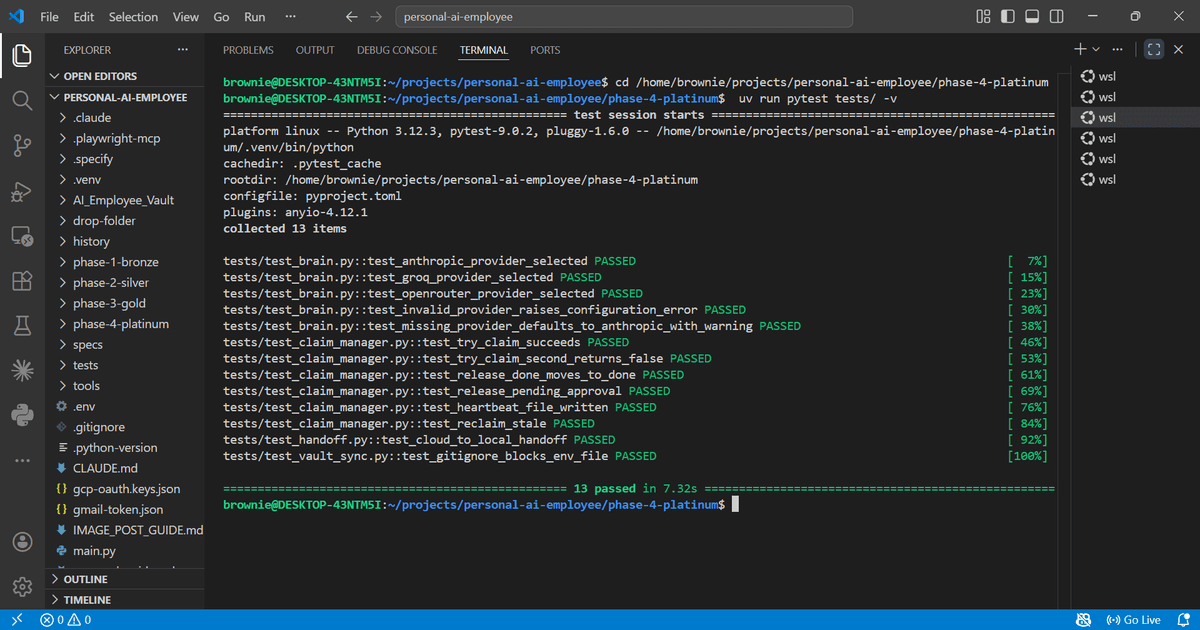 13/13 unit tests passing — Brain routing, atomic claim, domain handoff, vault sync all verified