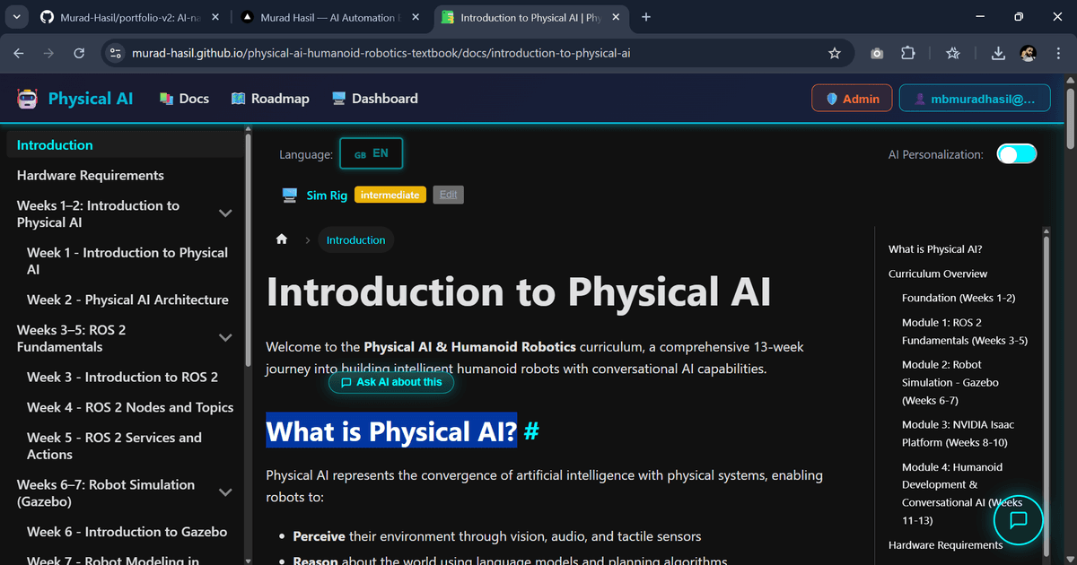 Chapter page with hardware-aware content — Sim Rig label active, Ask AI button inline with the text