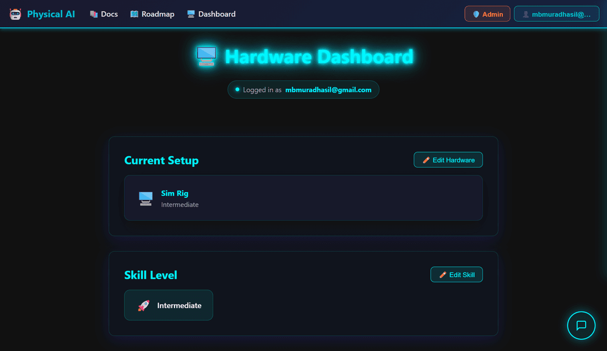 Hardware Dashboard — personalized learning path configured per rig: Sim Rig, Jetson, or Unitree G1