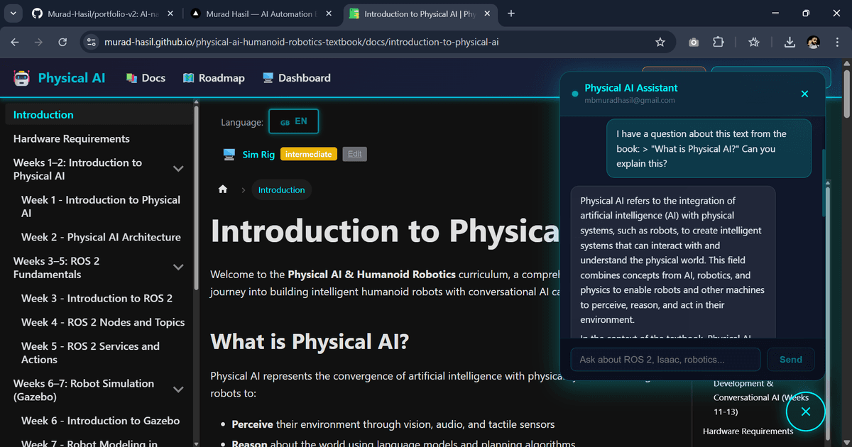 RAG chatbot in action — highlight any text, click Ask AI, get an instant contextual answer from Groq LLaMA 3.3 70B