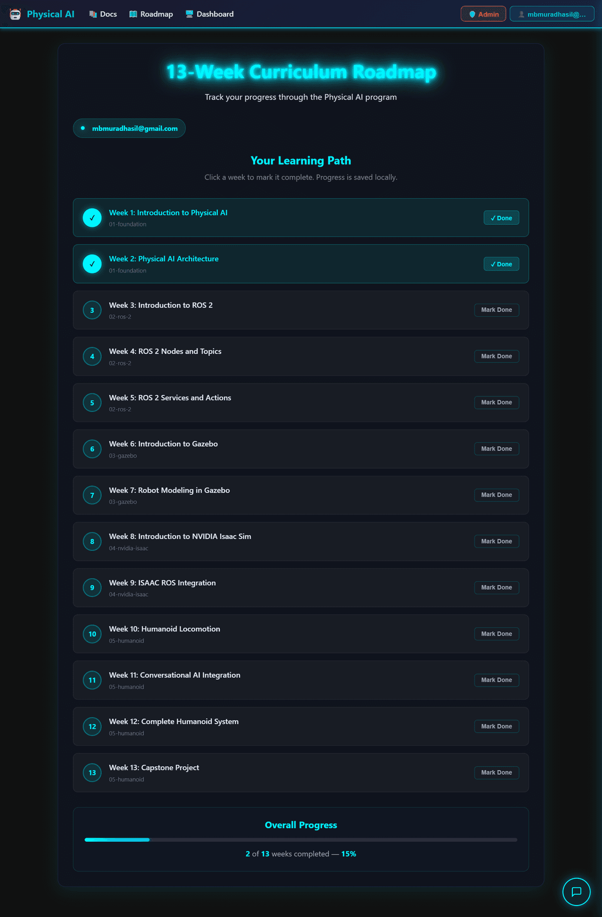 13-week curriculum roadmap with per-user progress tracking — 2/13 weeks completed, saves to PostgreSQL