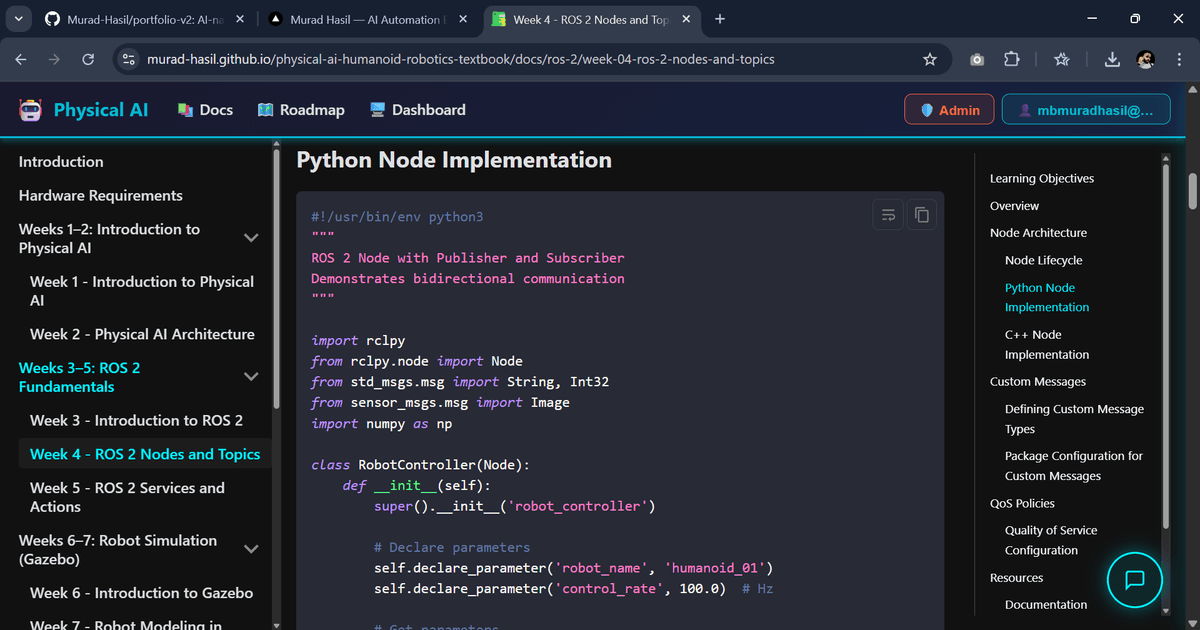 Live ROS 2 chapter — Python Node implementation with rclpy, actual code running on the platform