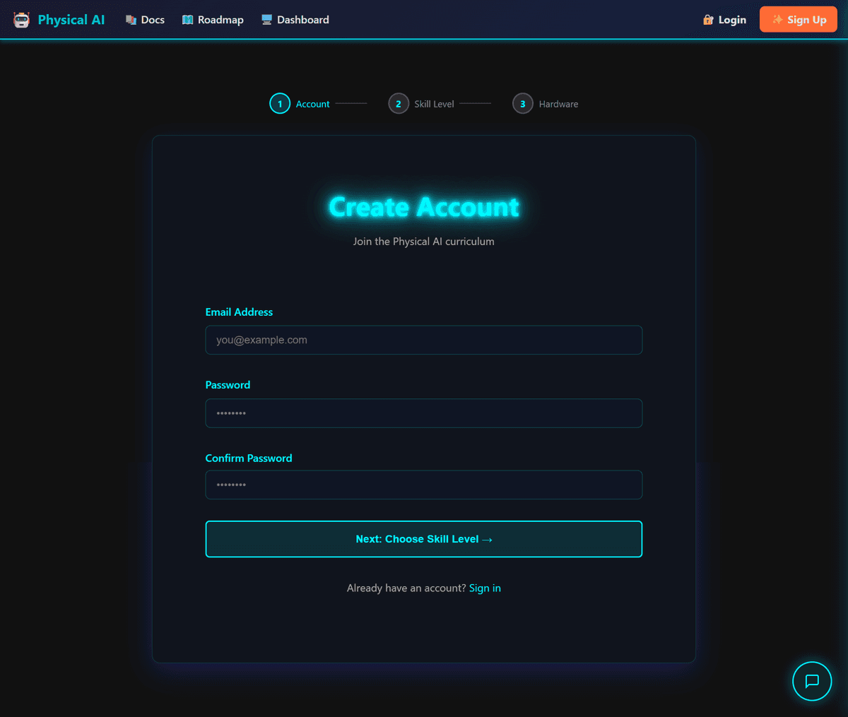 3-step hardware onboarding — Account → Skill Level → Hardware rig selection at signup