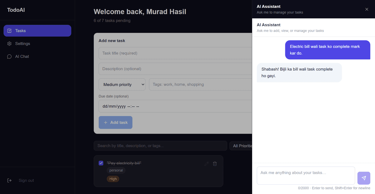 Roman Urdu support — 'Electric bill wali task ko complete mark kar do' — AI responds in Roman Urdu