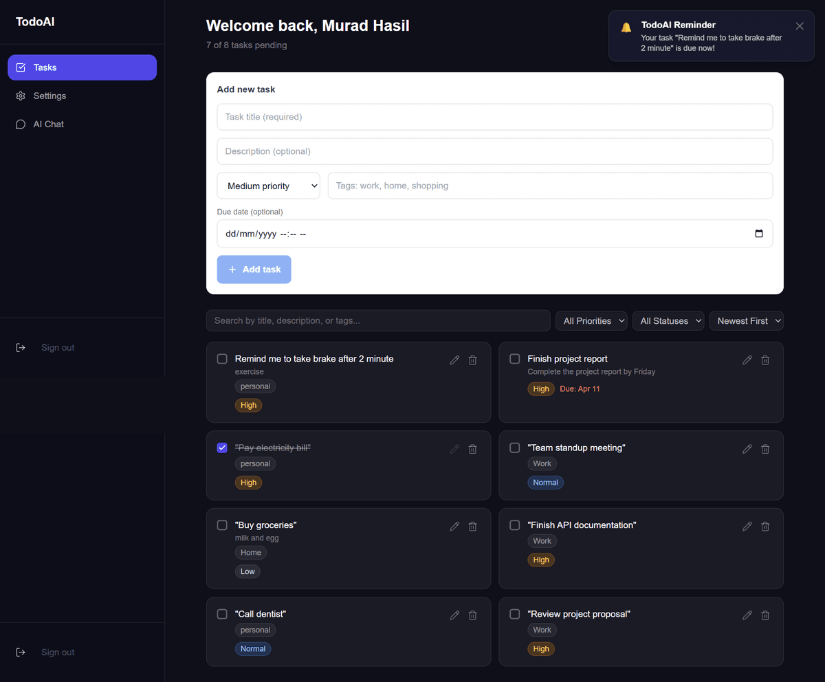 Real-time browser notification — OS-level push when a reminder task is due