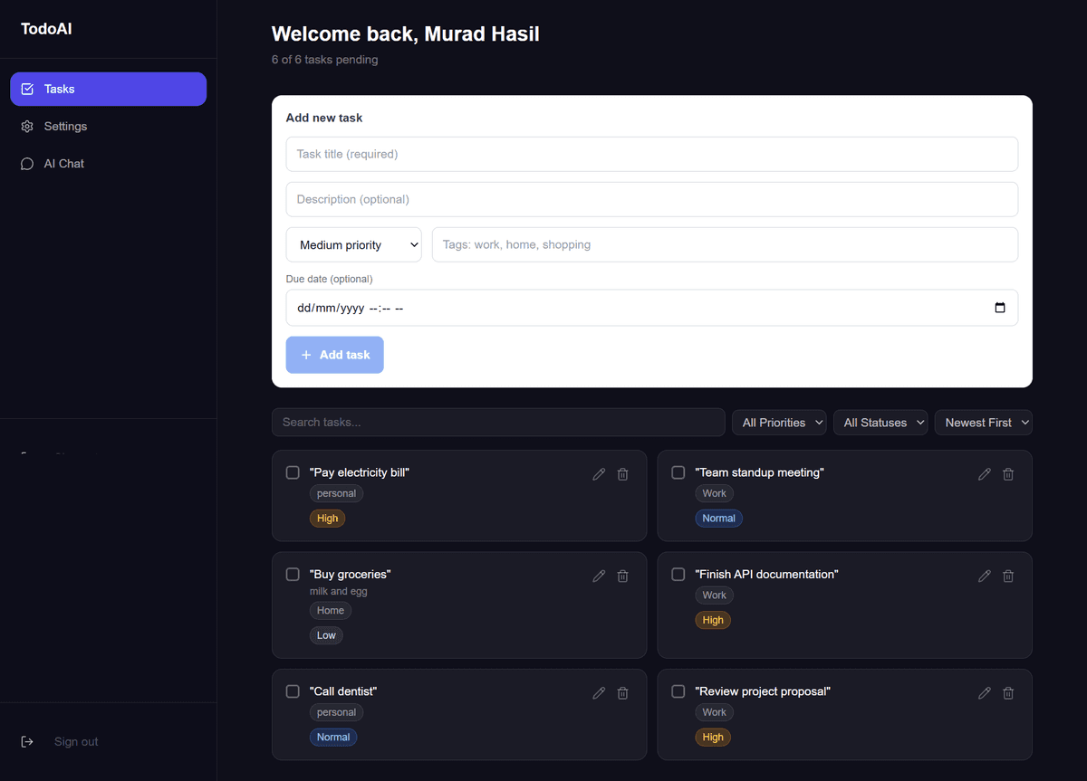 Live dashboard — 7 tasks with priorities, tags, and due dates. Real data from Murad's account.