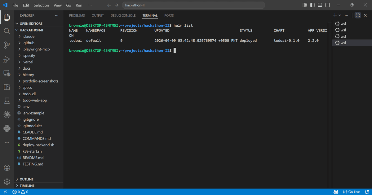 Helm chart deployed — todoai revision 9, STATUS: deployed on default namespace